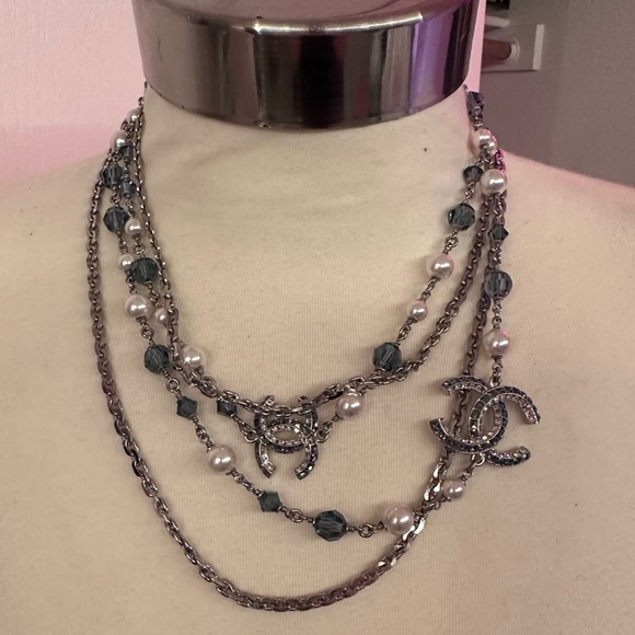 CHANEL long pearl necklace w blue crystals rhinestone classic princess sapphire - Picture 4 of 11